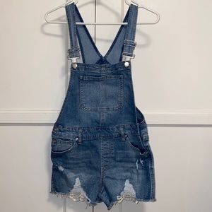 No Boundaries Medium 7-9 Distressed Stretch Denim Jean Bib Shortalls Overalls